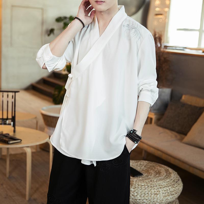 

Plus Size 5XL 4XL Traditional Chinese Style Kimono Shirts Men Autumn Long Sleeve Blouse Fashion Japanese Streetwear Shirt Casual, White kimono shirt
