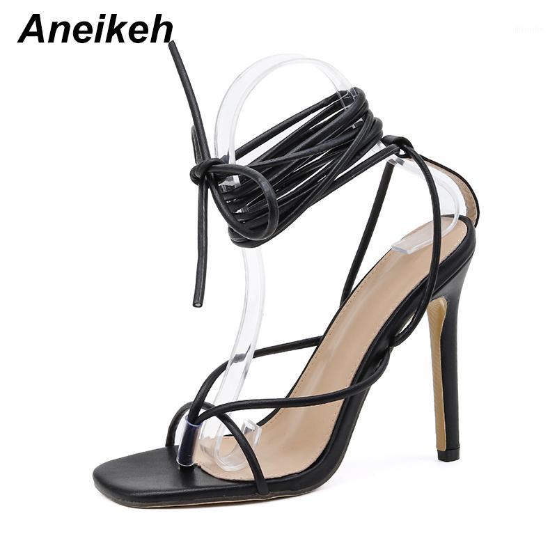 

Aneikeh Summer Women Shoes Sandals PU Gladiator Fashion Narrow Band Thin Heels Lace-Up Ankle Strap Party White Black Size 35-421