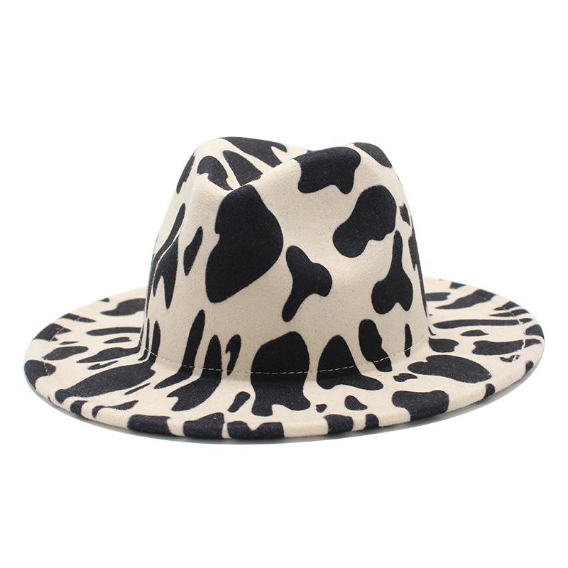 

New British Style Fedora Hat Women Cow Print Wide Brim Top Hats Panama Jazz Caps Autumn Winter Womens Wool Felt Hat, Jz-cow-1