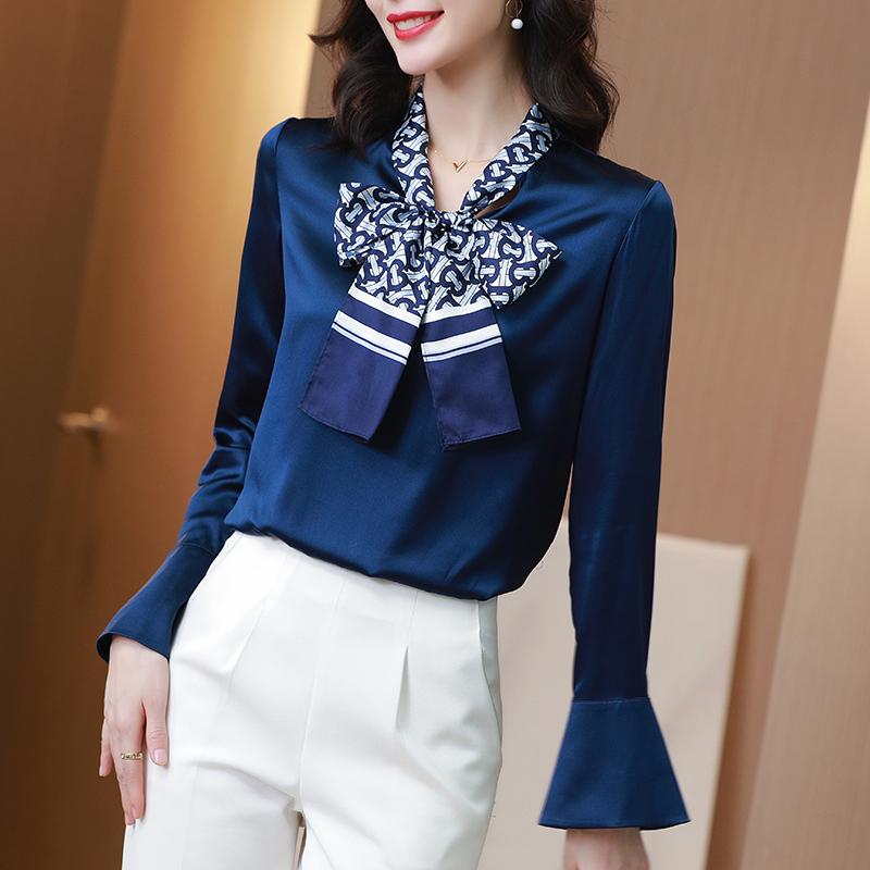 

Elegant Fashion Real Silk Women Shirt Spring Autumn Bow Stand Collar Long Sleeve Blouses Office Lady Natural Silk Satin Blouse, Blue