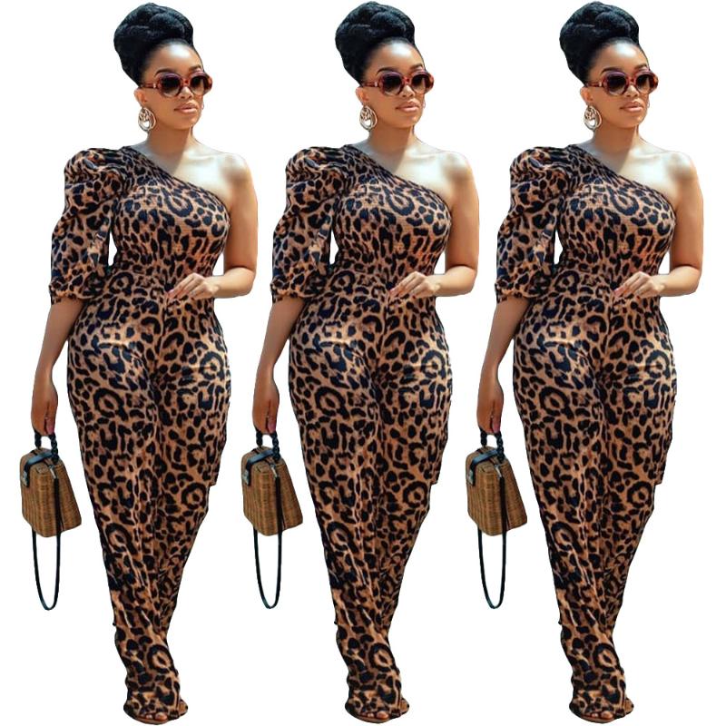 

Sexy Nightclub Wear Women Leopard Printing Jumpsuits 2020 Autumn Winter Lady' Asymmetric One Shoulder Backless Loose Rompers, Brown