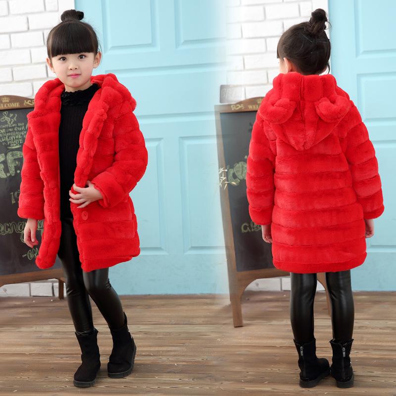 

Children's Fur Coat Girls Thick Warm White Plush Fur Jacket Girls Fleece Ear Hooded Coats Down Jackets Clothes TZ423, Pink
