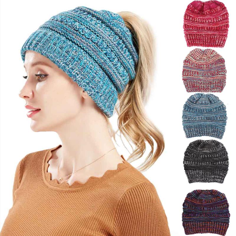 

Confetti Beanie Stretch Knitted Crochet Beanies Winter Hats For Women Cap Warm Lady Messy Bun Hat, Black