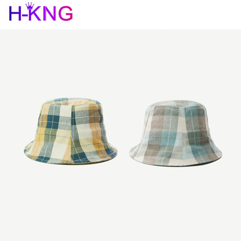 

Spring 2021 Retro Plaid Simple Shade Cotton Fisherman Hat Women's Hat Casual Monotonous Ladies Bucket Sunhat Panama Woman