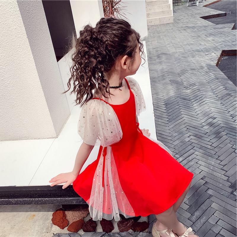 

Girl Dress Wedding for Flower Girls Stars Mesh Princess Dresses Red Formal Gown Children's Dress Batwing Sleeve Lace Short Cute1