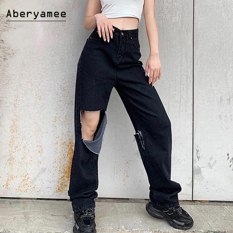 

Aberyamee Ripped Jeans For Women Casual Baggy Black Button Pockets New Autumn 2020 Ladies Pants High Waist Denim Trousers Female