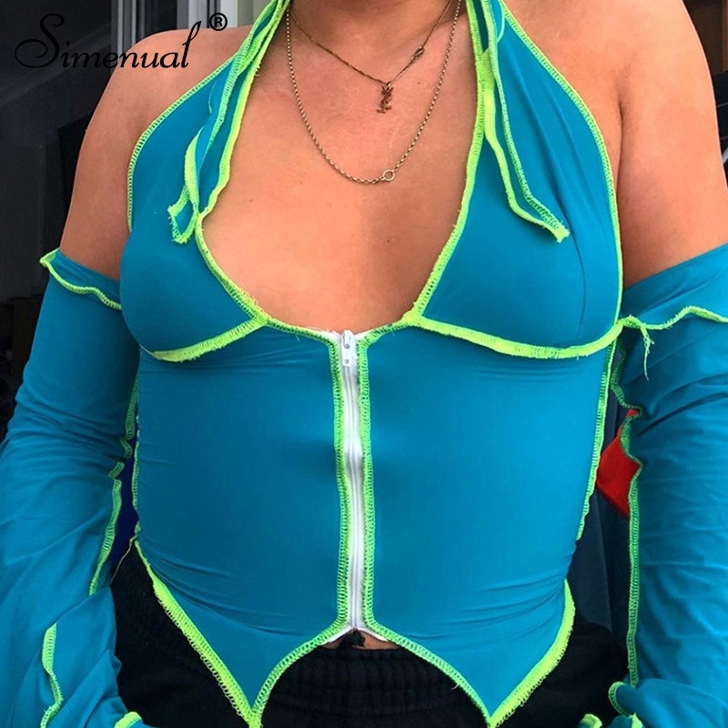 

Simenual Zipper Bandage Women Halter Crop Tops V Neck Backless Long Sleeve Autumn T Shirt Fashion Sexy Club Party Bodycon Top Y200824, Blue