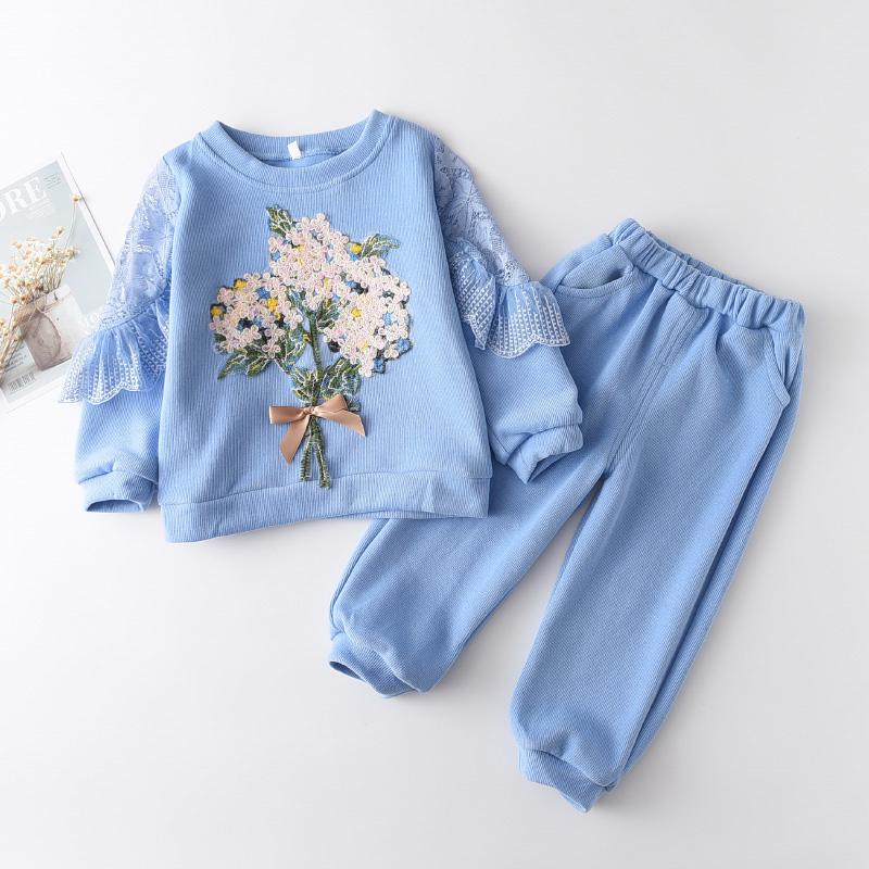 

Menoea Kids Baby Girls Long Sleeve Lace Bouquet Tops Solid Pants Leisure Toddler Spring Autumn Sets Children Casual Costumes, Ax1505