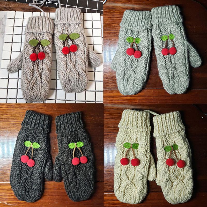 

Five Fingers Gloves Winter Knitted Women Cute Cartoon Cherry Full Finger Soft Thick Crochet Twist Knitting Wool Mittens Outdoor Warm