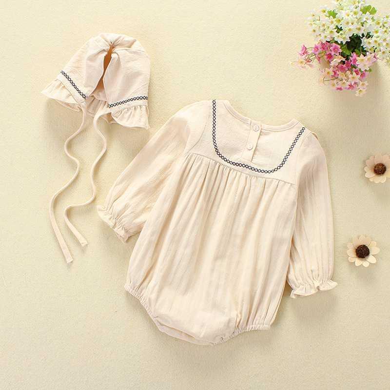 

Newborn baby clothing girls Long sleeve embroidered Romper Cotton linen lace coat hat1, Khaki