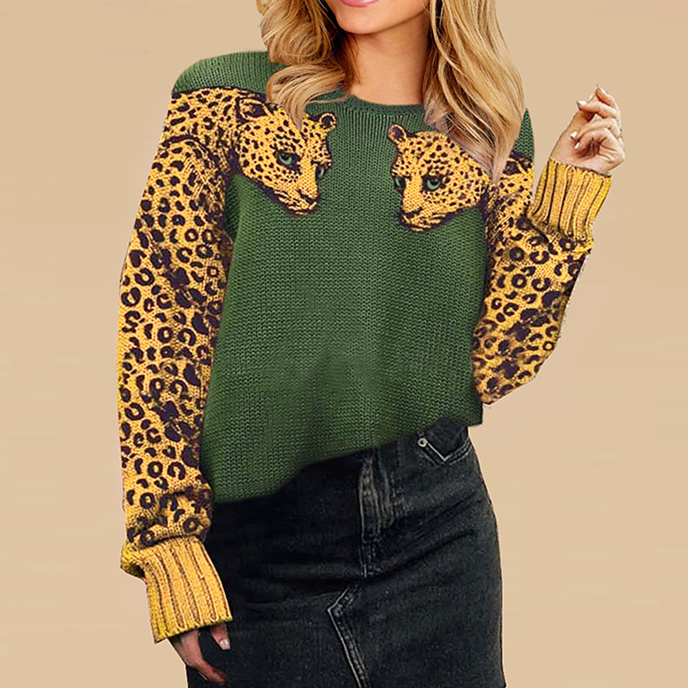 

Ladies Leopard Printed Sweater Fashion Women Animal Print Patchwork O-Neck Long Sleeve Pullover Loose Sweaters Tops 201130, Wine red