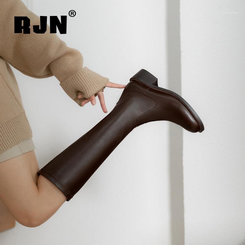 

Boots RJN Winter Warm Knee-high Woman Concise Style Simple Elastic Microfiber Upper Round Toe Med Square Heel High RO4281, Coffee short plush