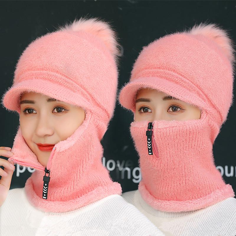 

Hot Sale Female Winter Knitted Hats Add Fur Lined Warm Winter Hats For Women With Zipper Keep Face Neck Warm Pompoms Wool Hat, White