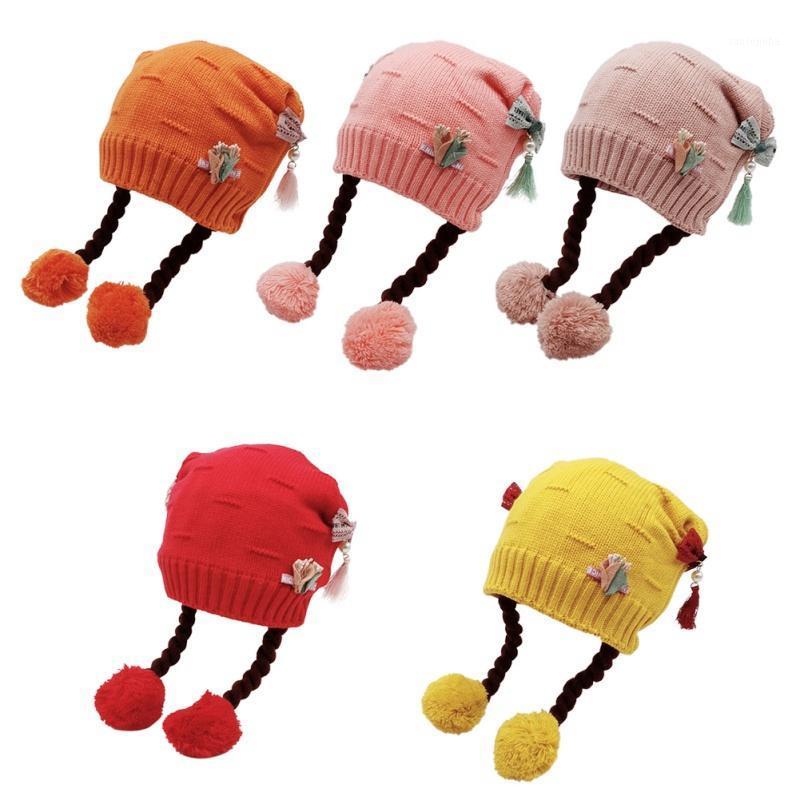 

Baby Hat Winter Warm Toddler Baby Girl Earflap Hat Kids Knit Beanie Cute Casual Embroidery Caps With Fake Braid1, As the picture shows