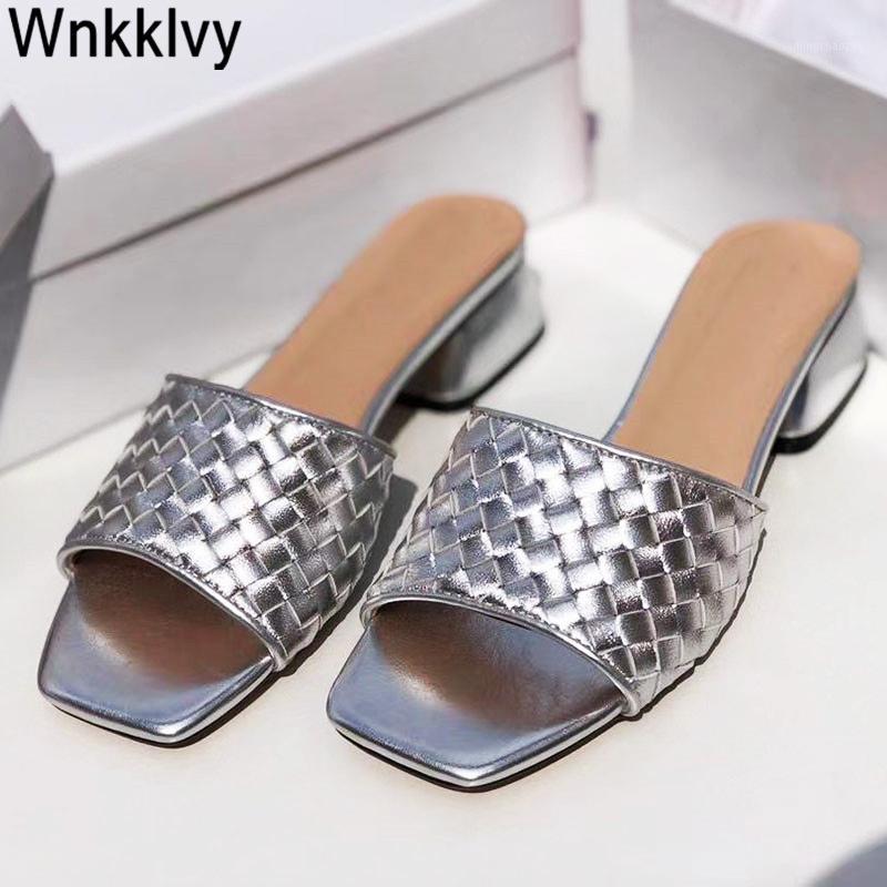 

Weave knitted Slippers women vocation 2020 dress party chunky high heel flipflops summer lazy sandals zapatos mujer sandals1, White