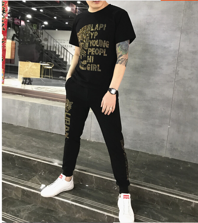 

Mode Streetwear Sportsuit Set of Men T-shirt and Men's Pants Will See Male Casual Diamond Training 5mgk, Black