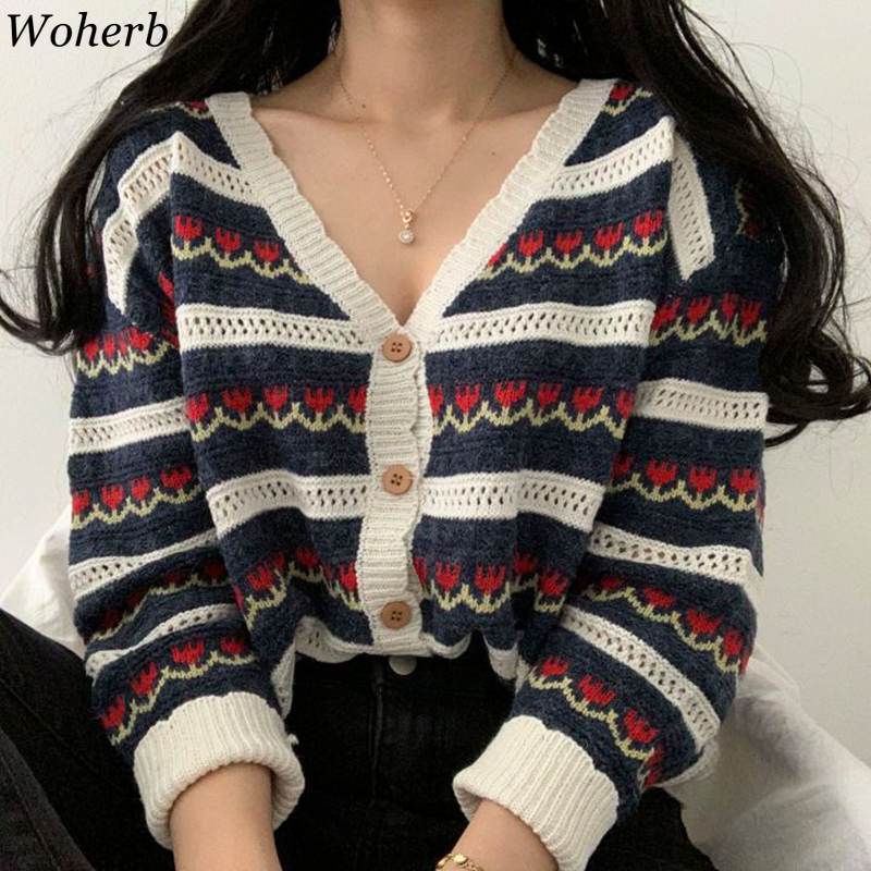 Woherb coréen Vintage imprimé floral Cardigan femmes Sexy col en v évider pull en tricot manteau automne Modis Pull pulls mignons 201030