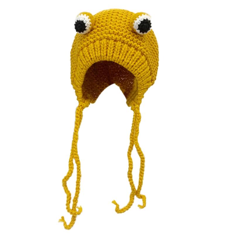 

Beanie/Skull Caps Women Winter Warm Chunky Cable Knit Earflap Hat Cute Cartoon Animal Frog Eyes Solid Color Outdoor Windproof Beanie Cap, Yellow