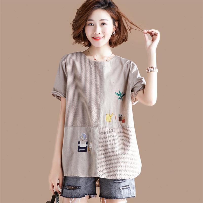 

summer fashion women long sleeve o neck tshirt patchwork stripe loose casual tee shirt femme cotton linen plus size, White