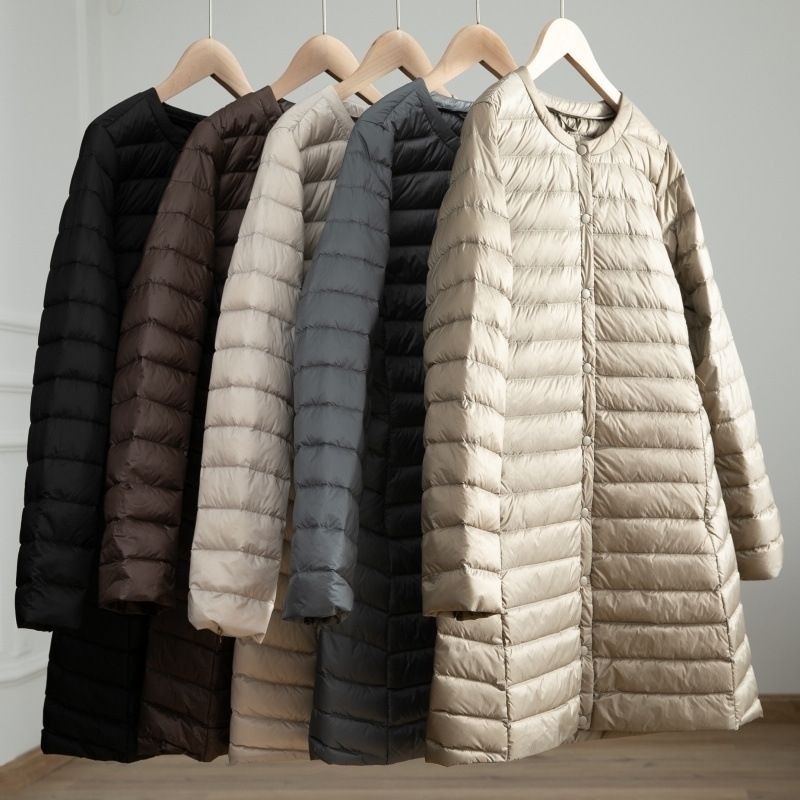 

Women's Light Down Jacket Autumn Winter Long Large Size Round Neck Snap Button Long Sleeve Jacket Warm Coat Lady Soft Outerwear 201120, Beige