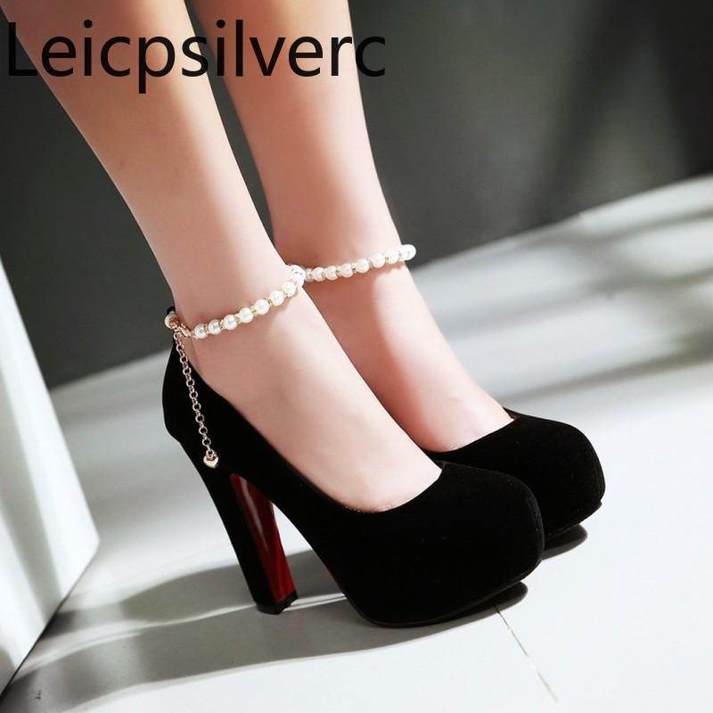 

Pumps Spring and autumn The New fashion Round head Shallow mouth String Bead Thick heel High heel Women's shoes plus size 32-43, Black
