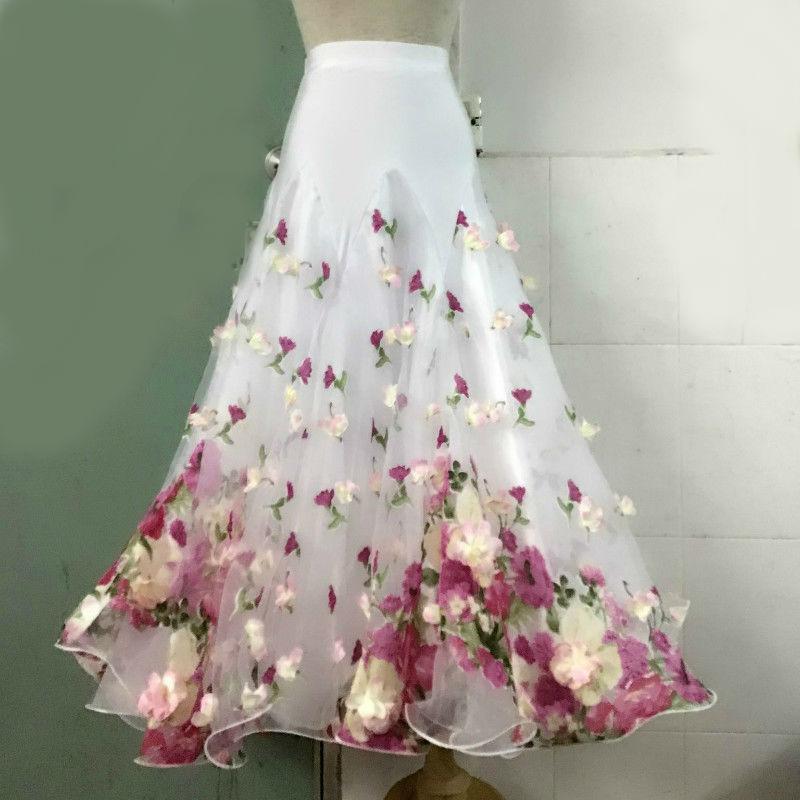 

Elegant 3D Flowers Ballroom Competition Dance Skirt For Women Waltz Tango Stage Dancing Wear Long Skirts Customize Size DL5268, As picture
