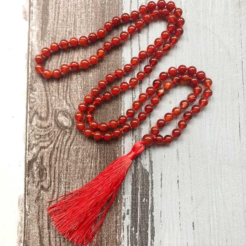

Hottest 8MM Red A-gate Knotted Necklace For Women Mala JEWELRY Gfit 108 Carnelian Prayer Beads Boho Necklace with Red Tassel1