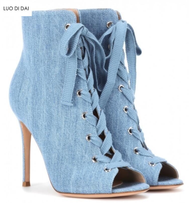 

2020 fashion women denim boots peep toe boots women party booties sexy lace up ankle dress shoes high heel summer booties, Blue