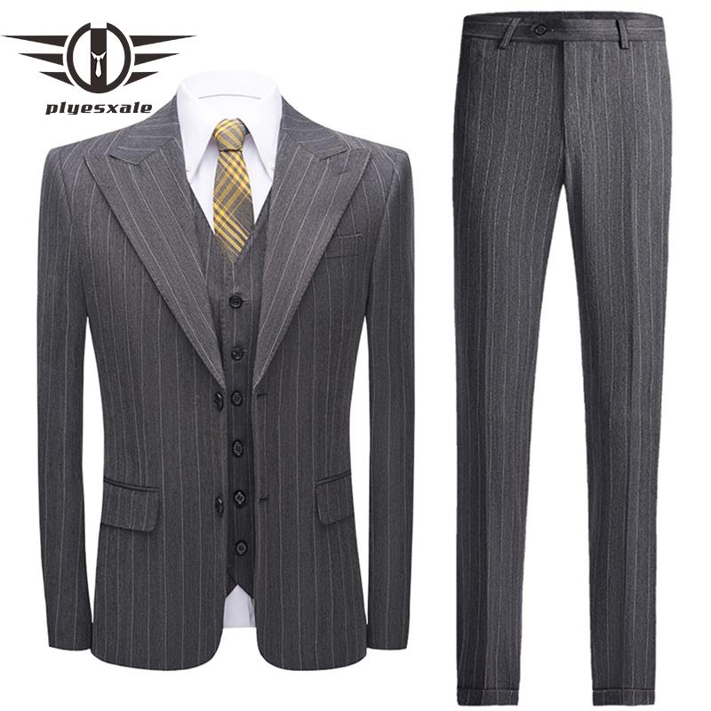 

Plyesxale Dark Grey Striped Suit Men Classic Mens Wedding Suits costume 3 pieces homme Men's Office Formal Business Suits Q