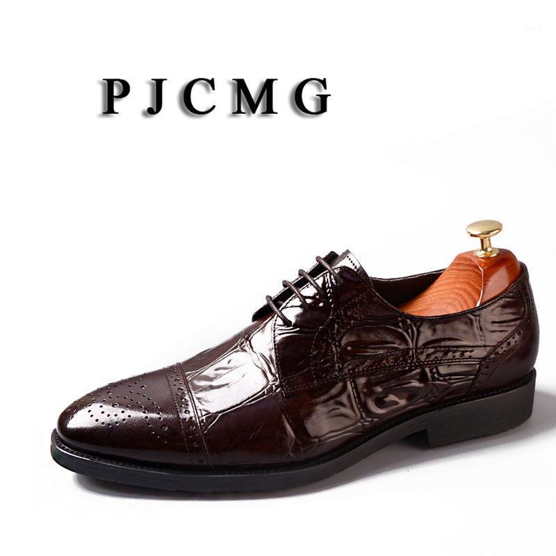 

PJCMG Fashion Men Oxford Casual Coffee/Red/Black Genuine Leather Business Pointed Toe Lace-Up Office & Career Men's Shoes1