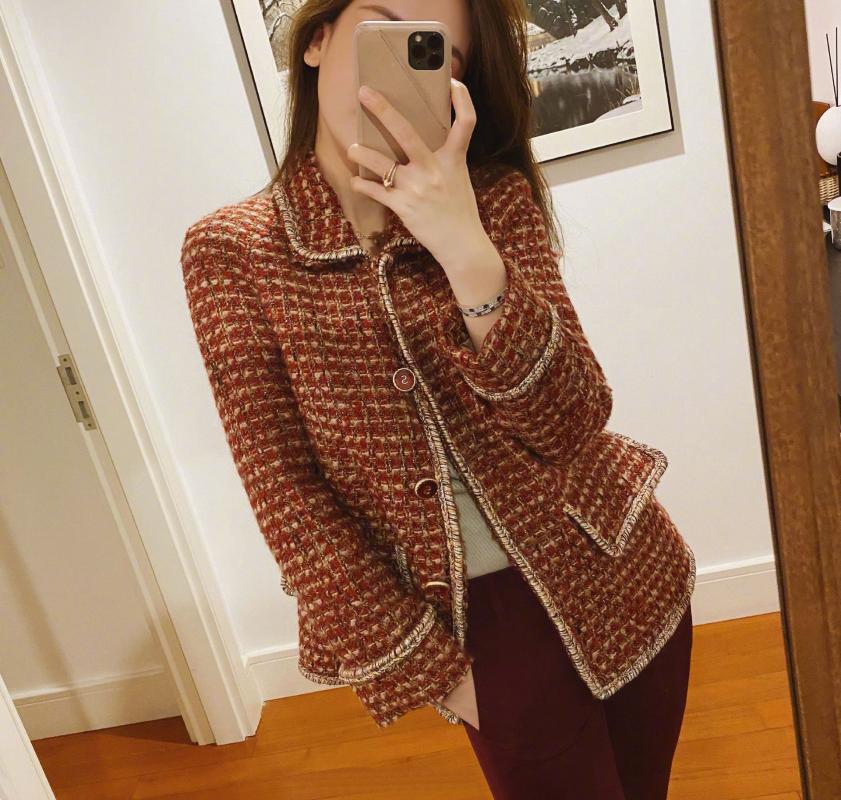 

2021 Fall New Jacket Lapel Pocket Decorative Women Cardigan H0843, Orange red