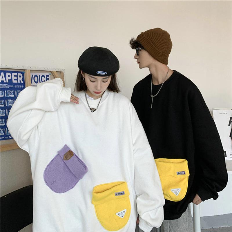 

Men's T-Shirts Fashion Pocket O Neck Long Sleeve Men T Shirt Winter Warm Casual Harajuku Japanese Streetwear Oversized Couple Clothes Pullov, White;black