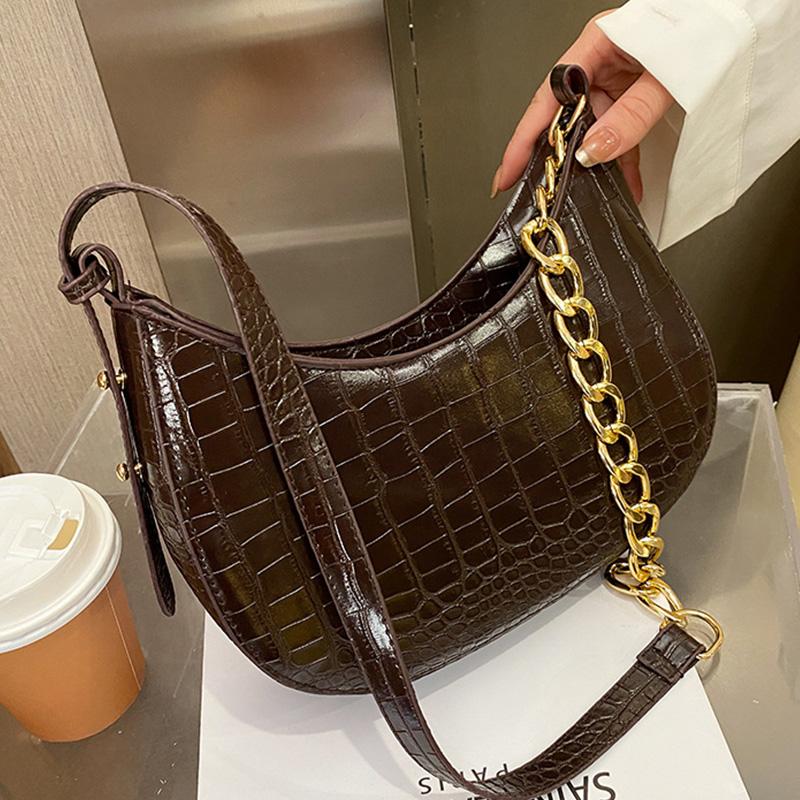 

Crocodile Pattern Women's Designer Half Moon Shoulder Crossbody Bags for Women PU Leather Trend Solid Color Handbag Armpit Bag, Black