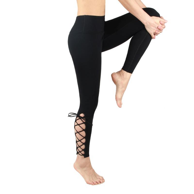 

Black High Waist Women Yoga Pants Solid Fitness Leggings Bandage Sport Cropped Pants Ballet Dance Tight Workout Motion Jeggings, 60008