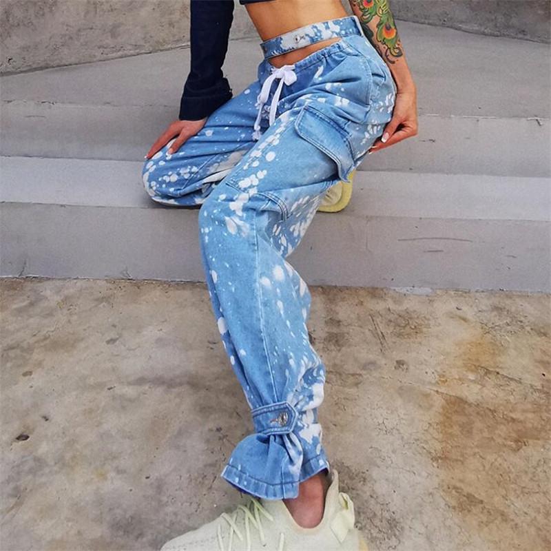 

Fashion Hit Color Tie Dye Wide Leg Pants For Women High Waist Hollow Out Lace Up Streetwear Jeans Female 2020 New plus size, Blue