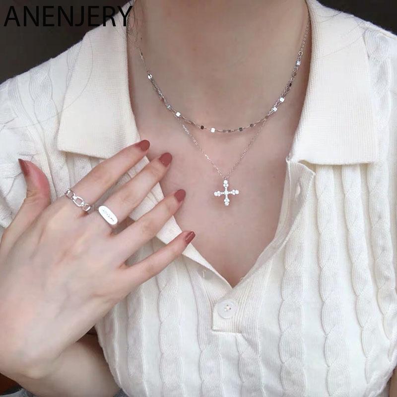 

ANENJERY 925 Sterling Silver Shiny CZ Cross Necklace for Women Double Layer Clavicle Chain Necklace Jewelry S-N244