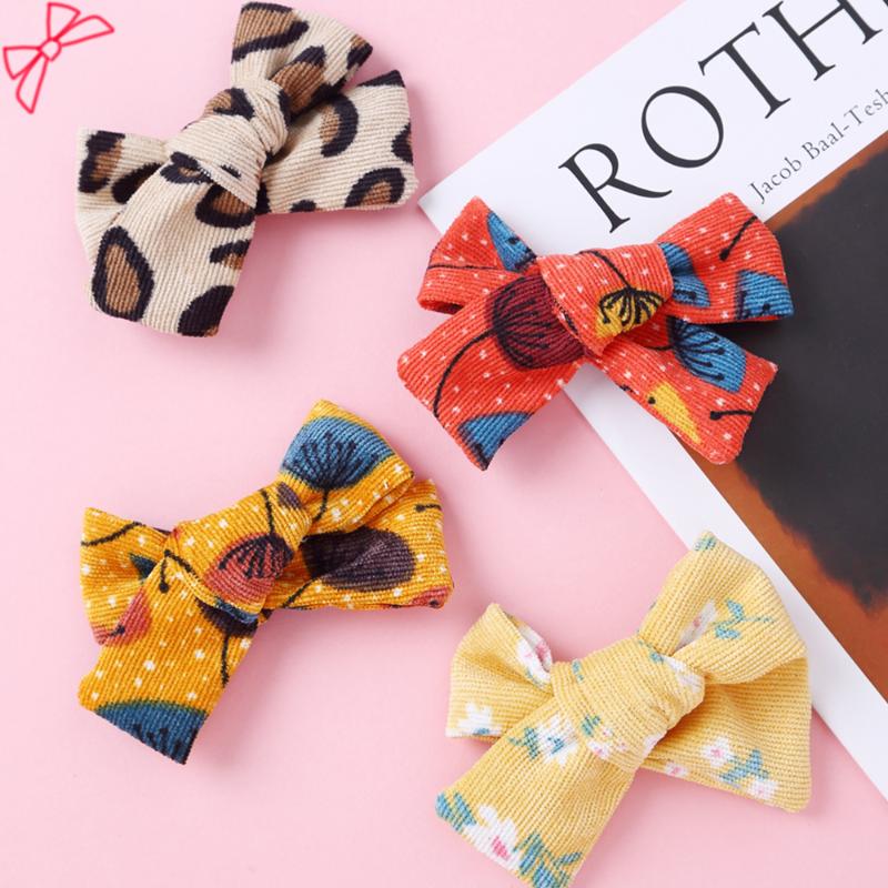 

1 pcs Printed Corduroy Fabric Bow Hair Clips For Hair Leopard Pattern Pins Cute Floral Accessories For Baby Girls 2021