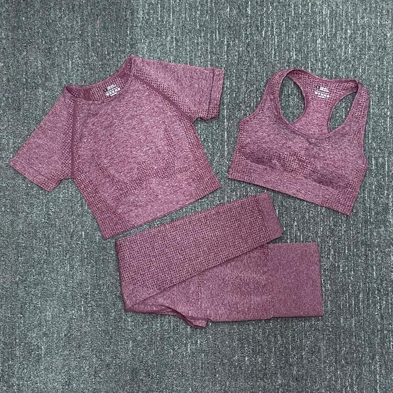 

3pcs/set Women Seamless Sports Suits Fitness Clothing Yoga Set Workout Clothes Short Sleeve Crop Top Shirts High Waist Leggings1, Black