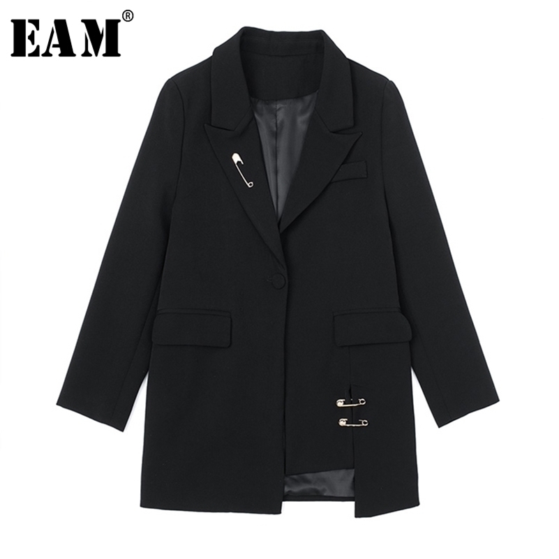 

[EAM] Women Black Irregular Pin Big Size Blazer New Lapel Long Sleeve Loose Fit Jacket Fashion Tide Spring Autumn 1X548 201114