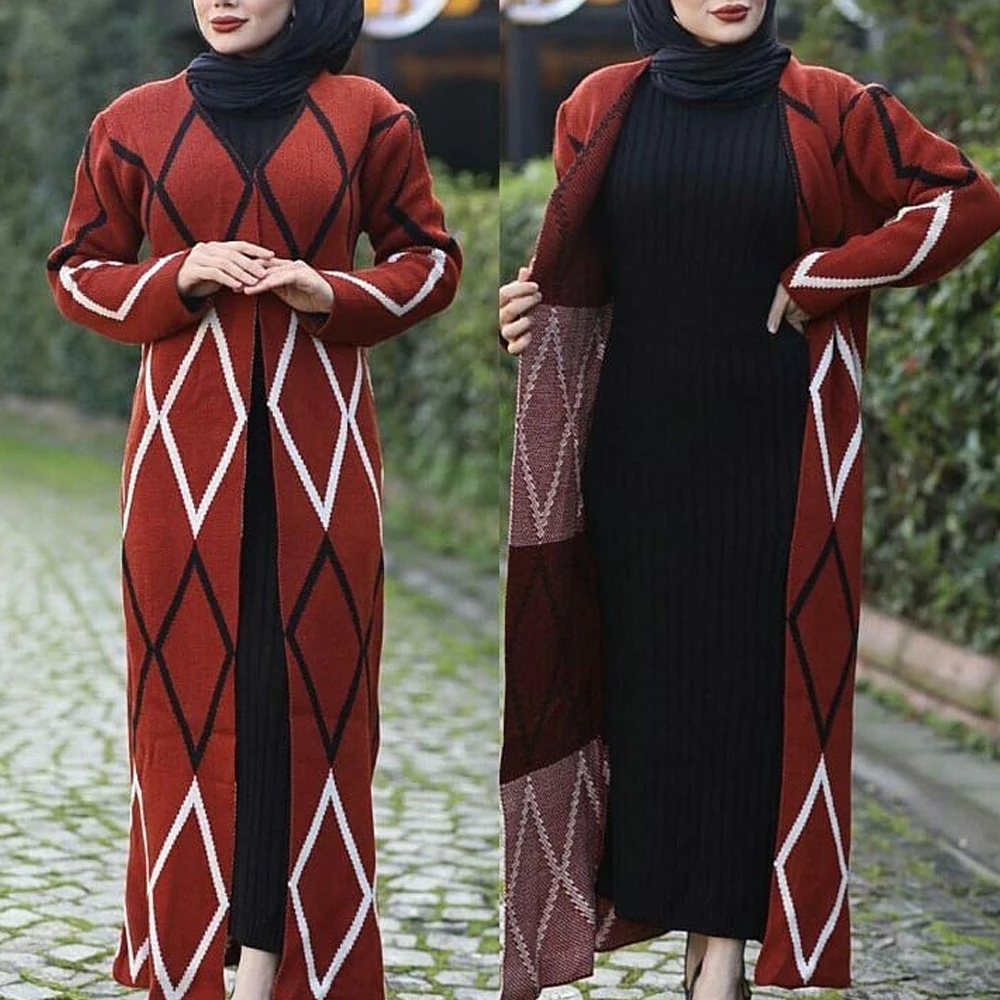

Autumn Winter Abayas For Women Muslim 2 Pieces Sets Arabic Kaftan Cardigan Knitted Dress Sweater Coats Vetement Musulman, Black;gray