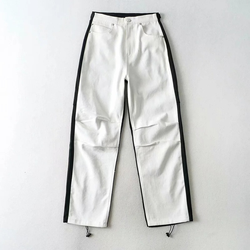 

2021 New United States High Waist Jeans Female Qiu Dong Season the Color Stitching Draw String Beam Foot Trousers Ayjk, White