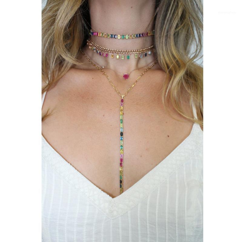 

2020 new arrived Gold color Rainbow colorful baguette cubic zirconia long drop CZ Y shape women multi layer sexy choker necklace1