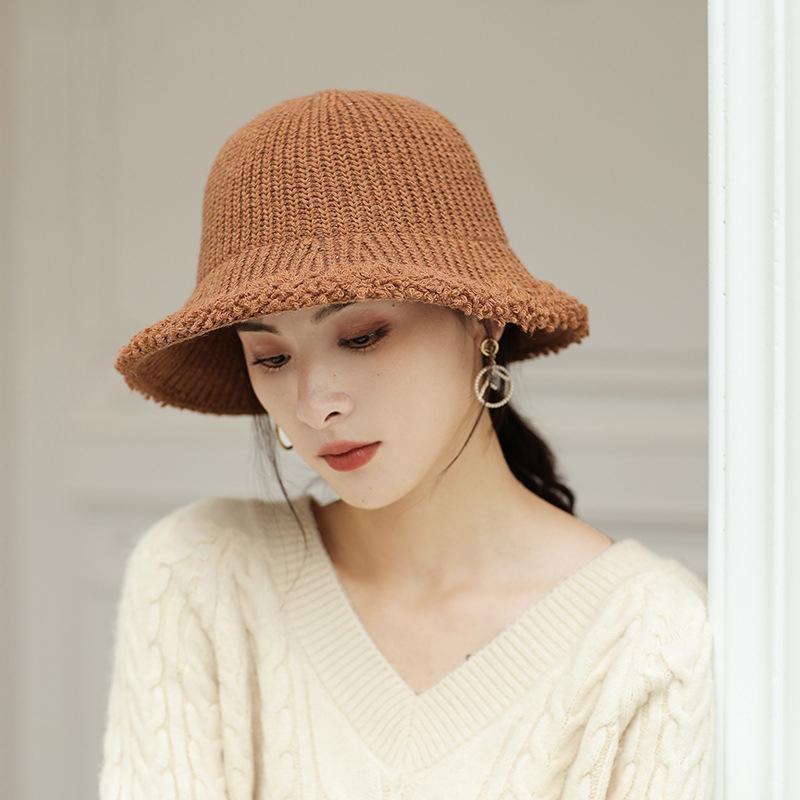 

6 colors available New fashion casual patchwork knit warm cap temperamental women cute elegant autumn winter solid bucket hat1, Black