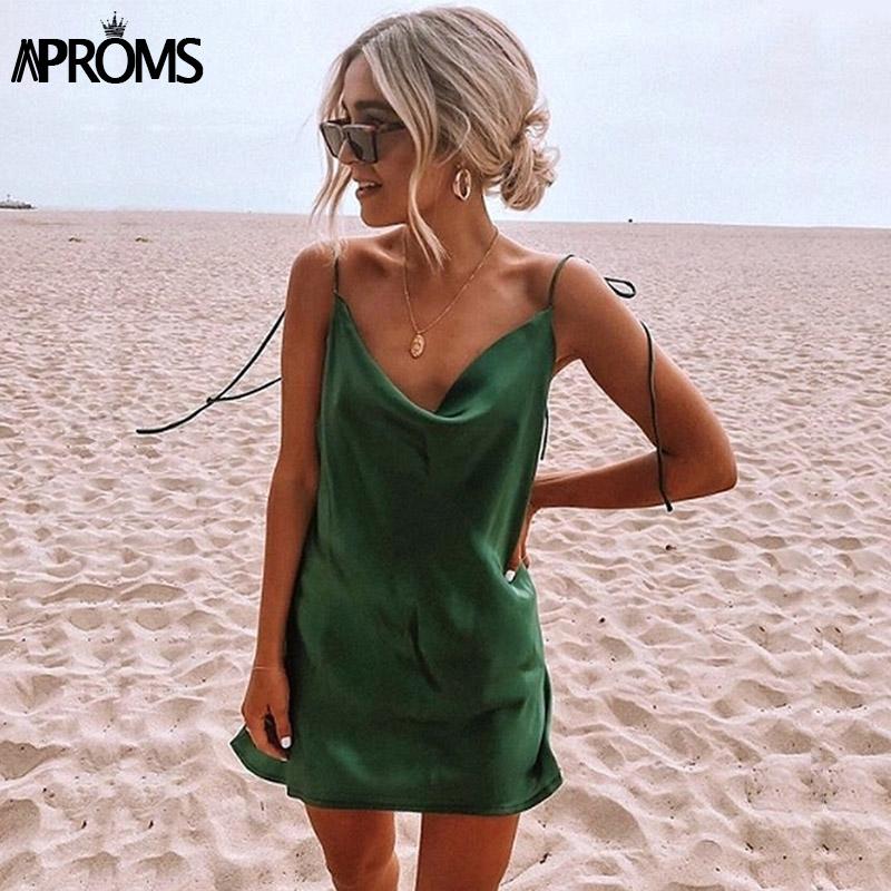 

Aproms Elegant Green Satin Little Party Dress Women Summer Sexy Backless Bow Tie Shoulder Loose Beach Dresses 2020 Vestidos