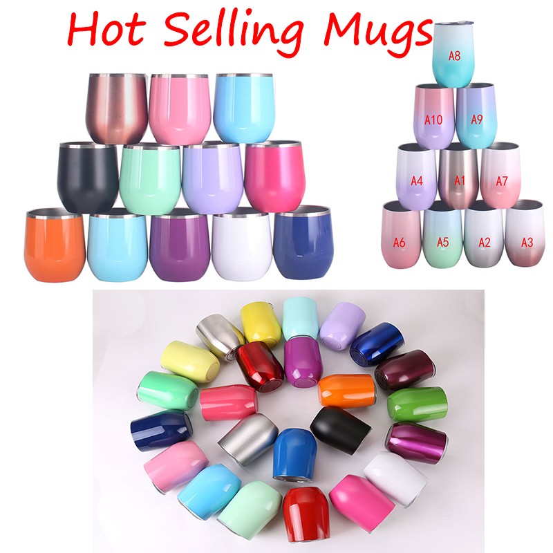 

12oz Mugs Wine tumbler Stainless Steel Wine Glasses Egg Cups Colourful Stemless Wine Glasses with Lid Shatterproof Vacuum Drop Shipping, As pic