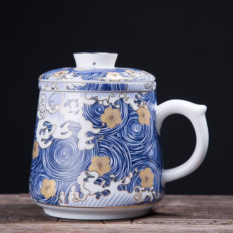 

Enamel Silver Cup 999 Fine Silver Health Cup Ceramic Gilt Office with Lid Filter
