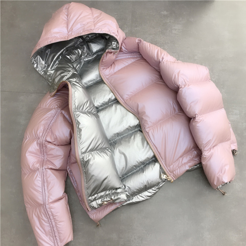 

Ailegogo Gold Silver Double Side Coat Winter Jacket Women Hooded White Duck Parkas Female Warm Snow Down Outerwear, Pink and silver