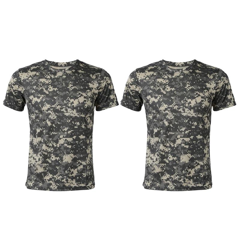 

2x New Outdoor Hunting Camouflage T-Shirt Men Breathable Combat T Shirt Dry Sport Camo Camp Tees-ACU Green L & S, Army green
