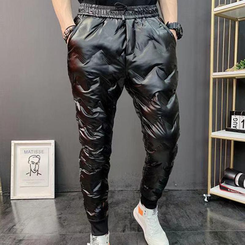 

Winter thick warm casual pants men's cold and windproof waterproof white duck down down pants men's slim feet trousers, Black