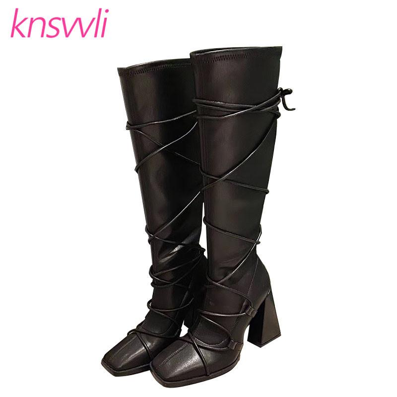 

Runway Chunky High Heels Knee High Boots Women Black Leather Stretch Knight Boots Woman Cross Tied Thin Leg Long For Women